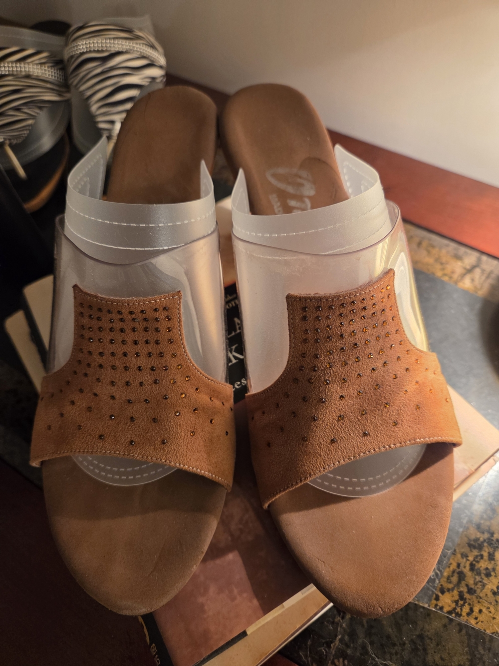 Onex Copper Suede & Clear, Gold Heel Strap Slide Mules